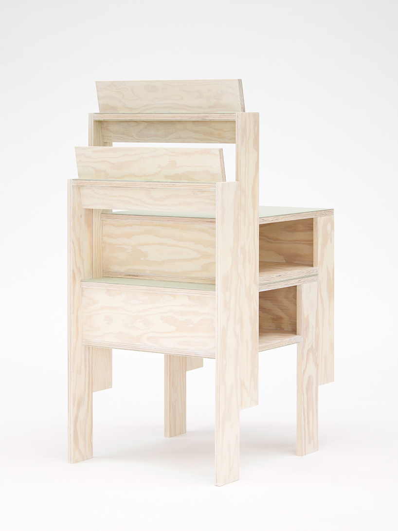 a pair of twin wooden chairs by A204 reconfigure into tables with drawers and shelving units