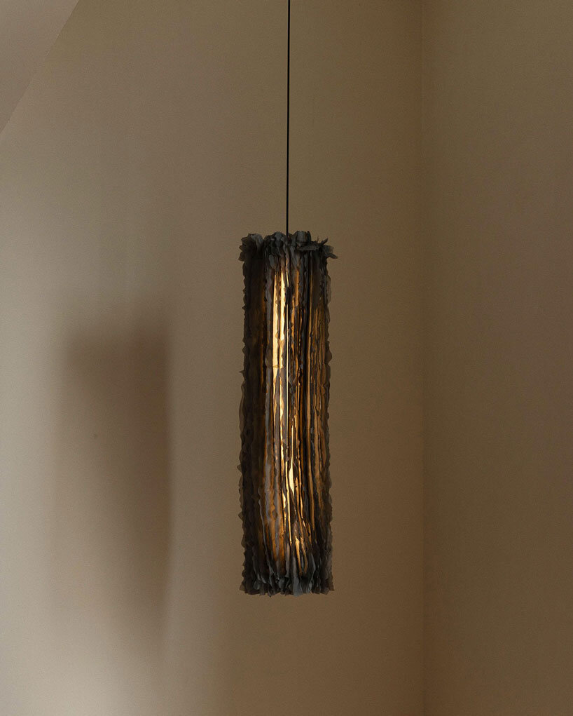 bacterial cellulose transforms into translucent ruffled lighting sculptures