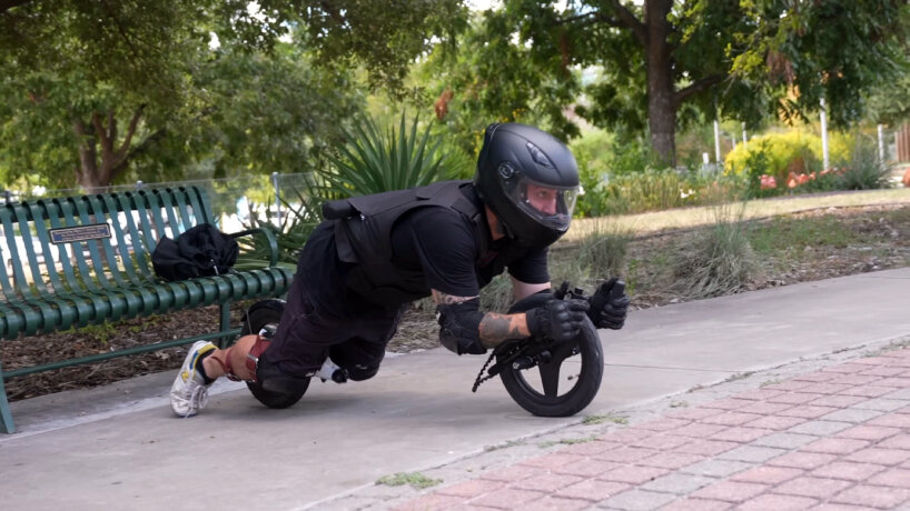 wearable electric motorcycle with repurposed bike parts makes users ride while planking